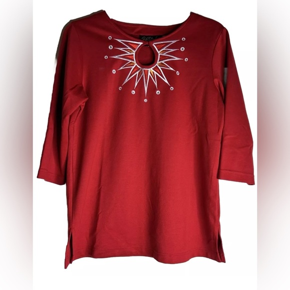 Bob Mackie Red Multi Key Hole Embroidered 3/4 Sleeve Knit Top Size XSmall - Picture 2 of 4